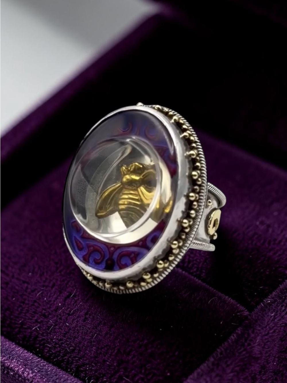 Mars & Valentine “Violet Honey” Bee Ring – Sterling Silver Purple Enamel, Size 8